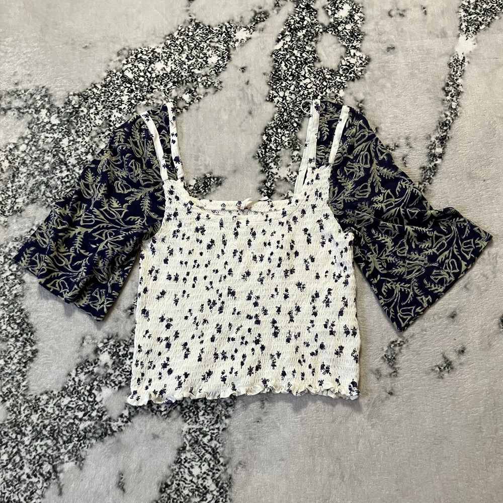 Free People Top Womens Size Medium Floral Marigold Mix Print Smocked Cottagecore
